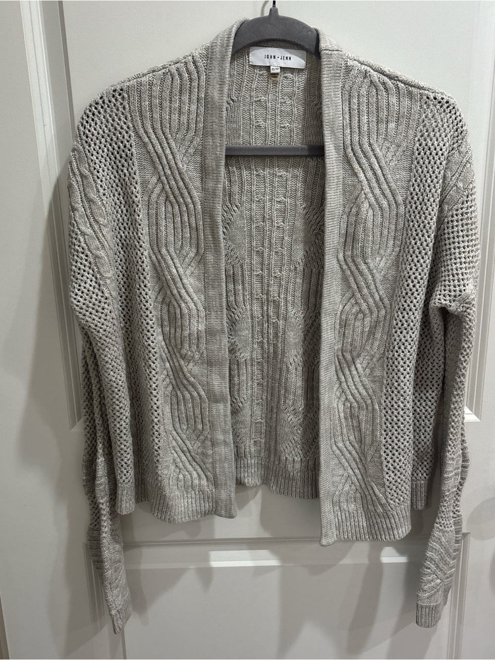 John + Jenn Light Gray Cable Knit Open-Front Cardigan